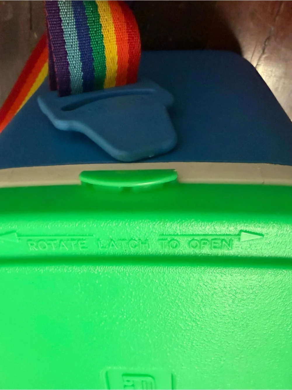 Vintage Igloo tag along 10 Blue Cooler with Green Lid and Rainbow Strap